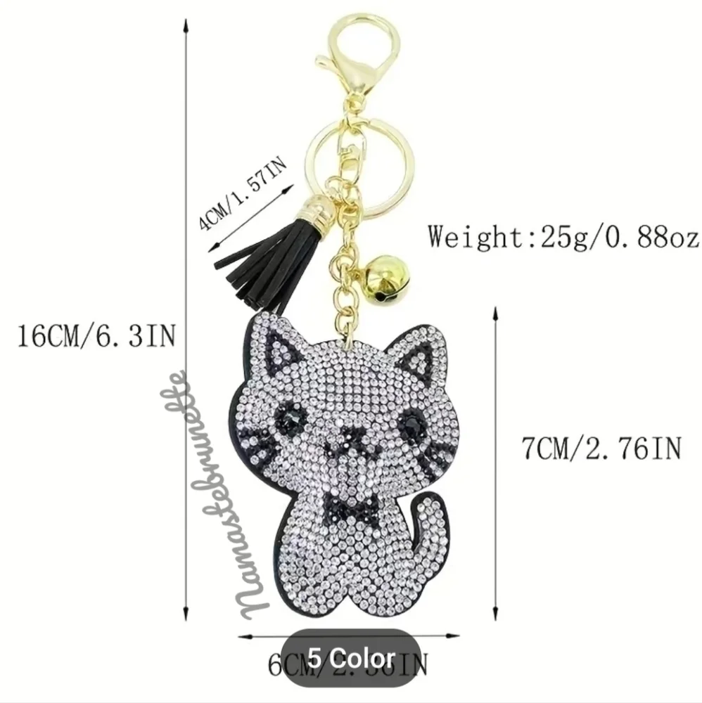 Kitty Cat Crystal Rhinestone Keychain Bag Charm With Black Tassel